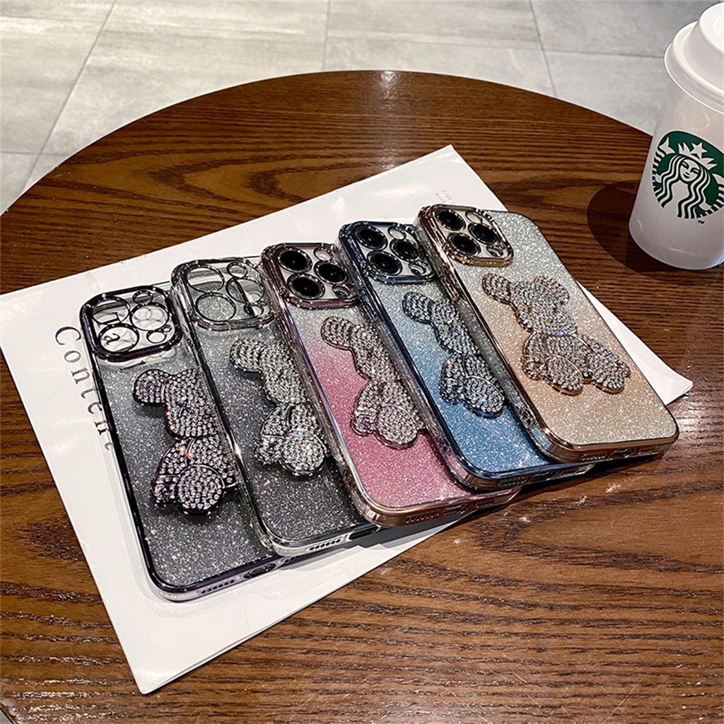 Luxury Diamond Bear shockproof case iPhone 14 Pro Max case iPhone 13 12 11 Pro Max14 Plus Proteksi Kamera aesthetic Full case Berlapis Tertutup