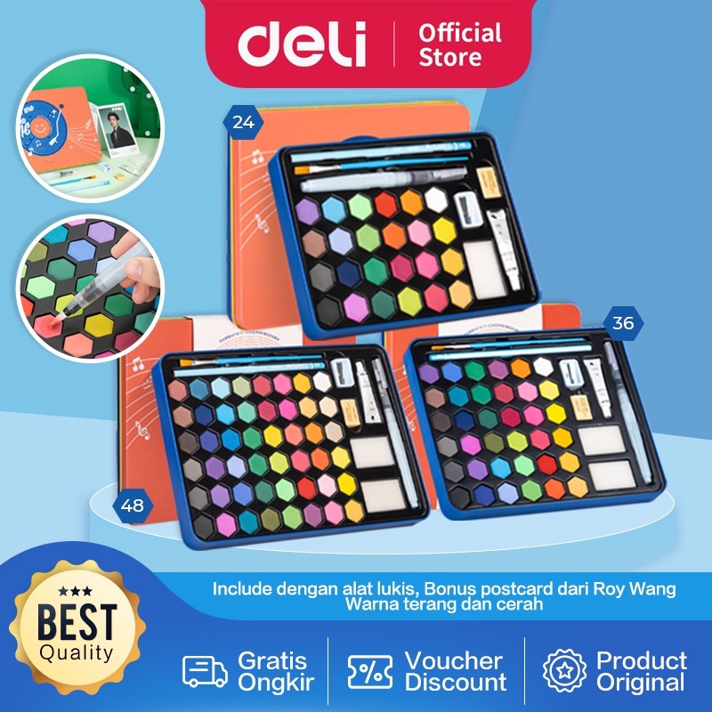 

Deli Solid Watercolor Paint / Set Air Padat Warna Terang Dengan Kuas Air Otomatis 73936-36 & 73936-24 Murah...!!