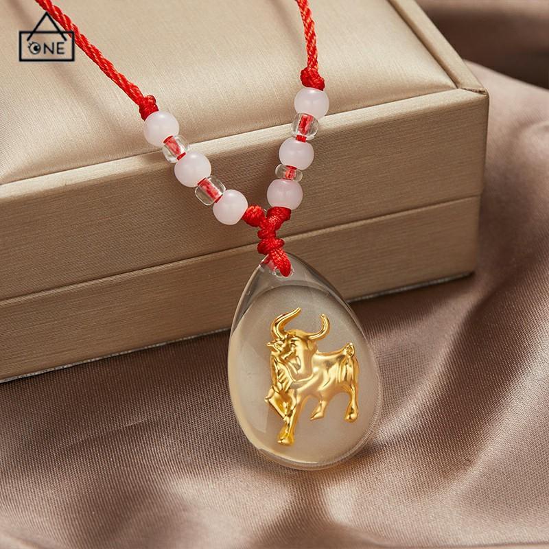 COD❤️Kalung Tali Liontin Bercahaya Kristal Liontin Zodiak Emas Indah Merah-A.one