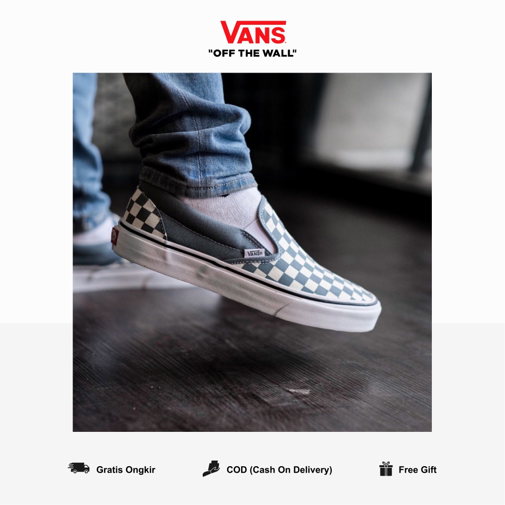 Slip On Blue Mirage Checkerboard Original  BNIB Wanita Global Market Waffle EVB Ori Vanss Slipon Biru Putih Cantik