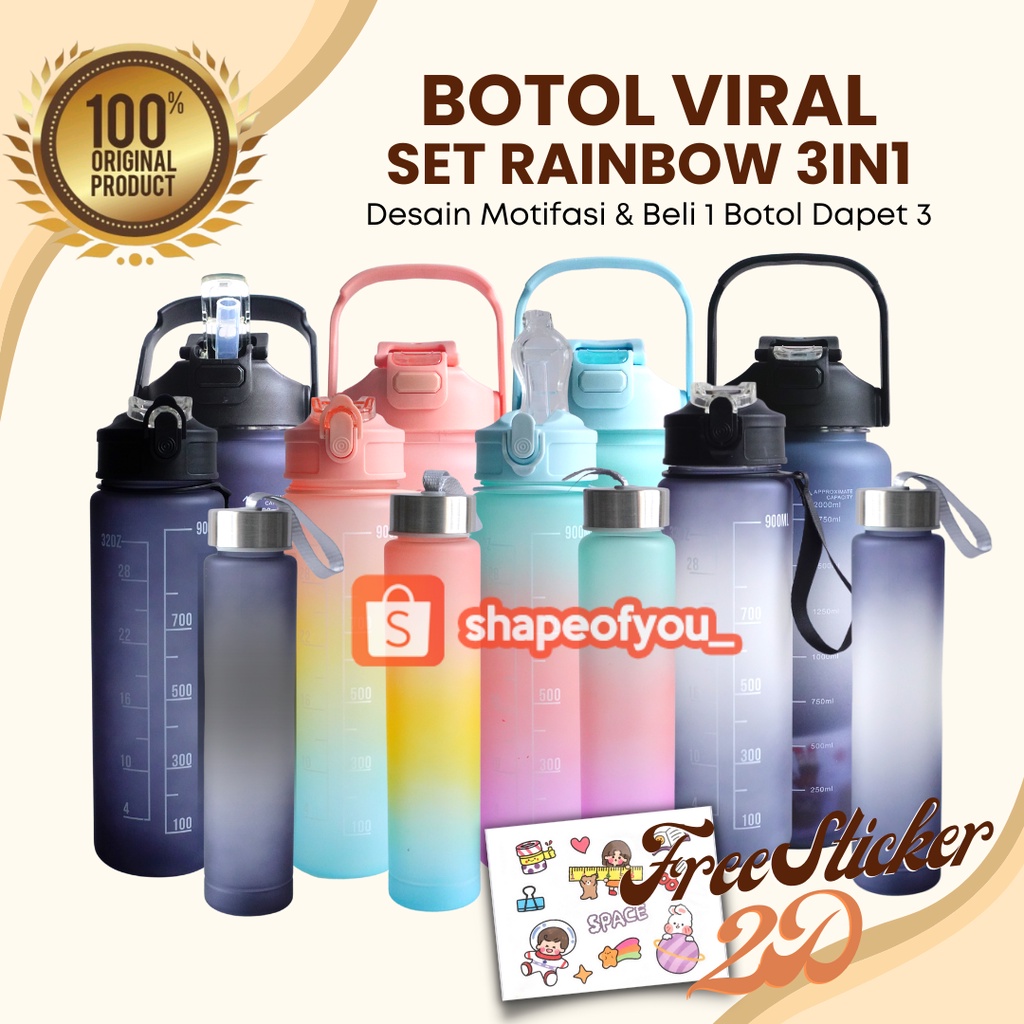 Botol Minum 1liter Botol Minum Rainbow Viral Botol Minum Motivasi Warna Warni Botol Minum Anti Tumpah Dan Bocor Free Stiker