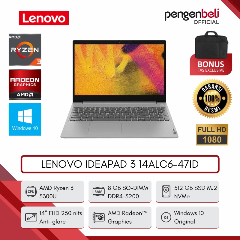 PENGEN BELI OFFICIAL - LAPTOP GAME LENOVO IDEAPAD 3 14ALC6-47ID [AMD RYZEN 3 5300U | RAM 8 GB | SSD 