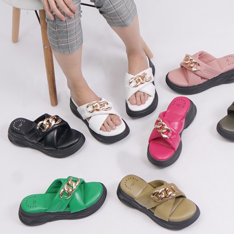 SARASARA YUK - Dunkenstock CHARLEE Sandal Wanita Wedges Silang Chain Tinggi 5cm Size 36 - 40 Casual Sendal Platform Bellezza 37 38 39 Santai Slop Belleza Warna Army Green Sage Selop Premium Original Beleza Kekinian Terbaru Shoes ORI Mall Official Store