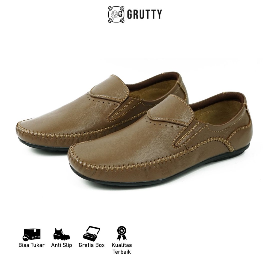 Sepatu Pria Kasual Pantofel Slip On Kulit Asli Grutty JN8810 Tan