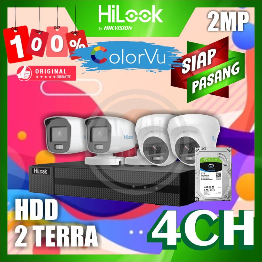 Paket CCTV HiLook 2MP COLORVU 4 KAMERA HDD 2TB SIAP PASANG