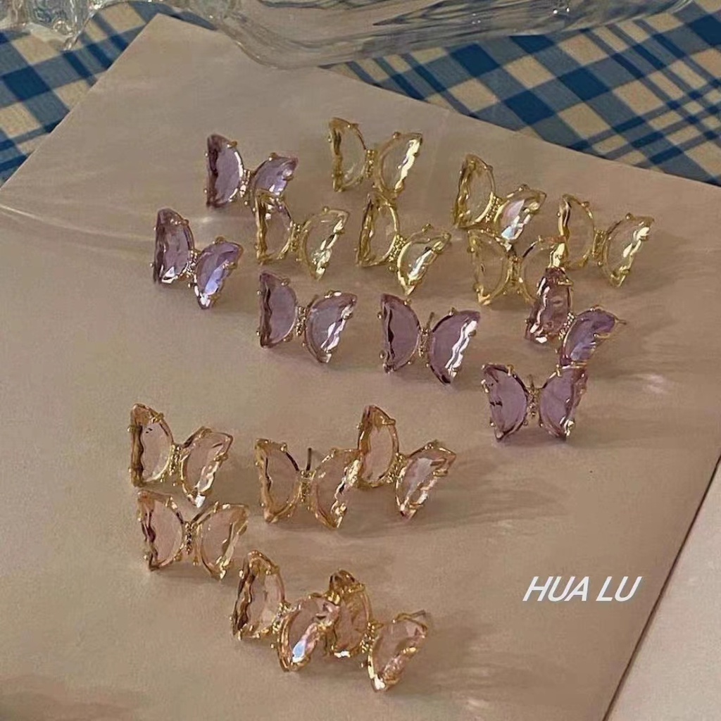 Anting Kristal Korea Lucu Transparan Berwarna Kupu-Kupu / Aksesoris Fashion Anting Kupu-Kupu Import