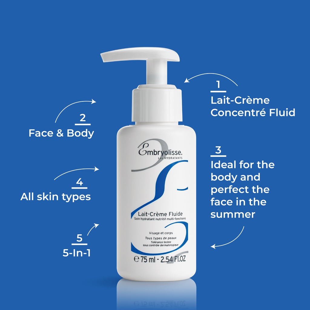 Embryolisse Lait-Creme Fluide 75ml - Miracle Cream Fluid 5 IN 1 : Pelembab Moisturizer Wajah + Makeup Cleanser Remover + Makeup Base Primer + Suncare + Cream After Shave - Rekomendasi MUA dan Artist Hollywood - 1x
