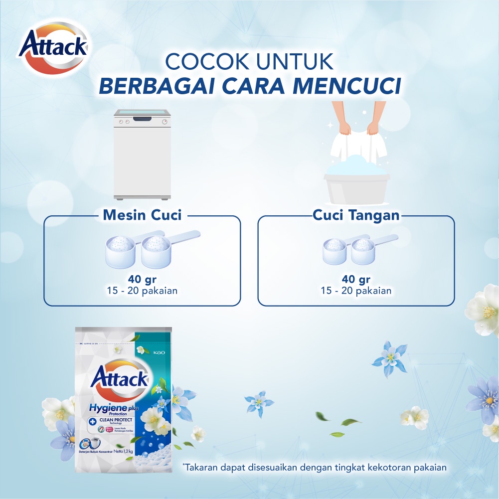 Attack Hygiene Plus Deterjen Bubuk Semua Jenis Mesin Cuci 1200gr Triple Pack - Sabun Cuci Baju / Powder Detergent Pembersih Pakaian - Lebih Higienis, Efektif Melawan 7 Jenis Kuman