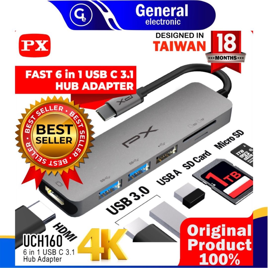 Type C 3.1 to HDMI Hub Converter USB Micro SD Card 6 in 1 PX UCH160