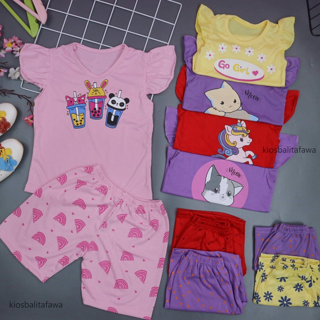 MIAW SET TEE uk 0-6 Tahun / Setelan Karakter Kualitas Import Bayi Anak Perempuan Baju Tidur Balita Babycinnamon