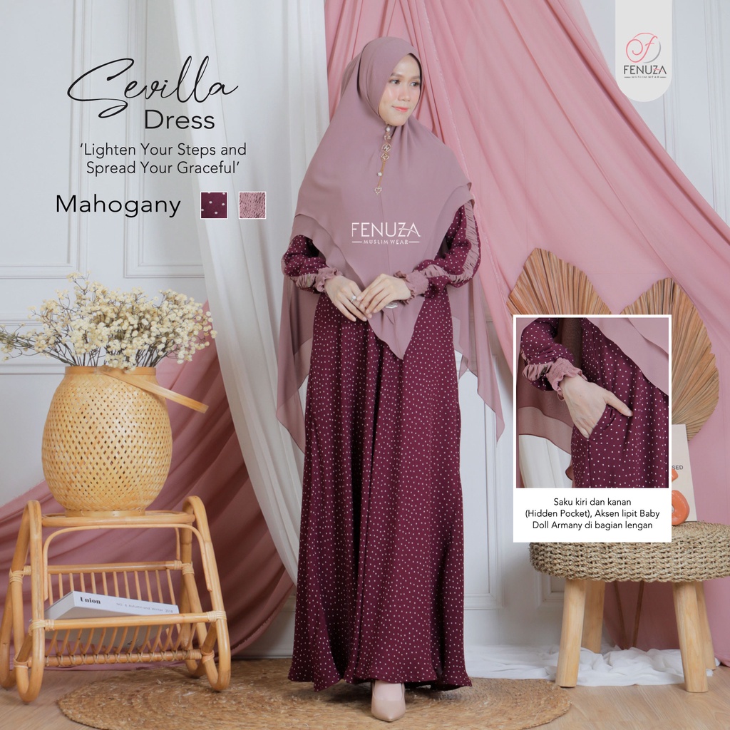 FENUZA SEVILLA DRESS Gamis Busui Syari Maxi Material Florida Crepe Tiny Dots Mix Ceruty Armany KUALI