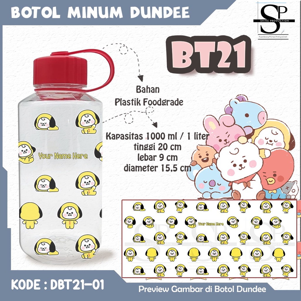 Botol Minum Plastik 1 Liter BT21 BPA Free Custom Nama
