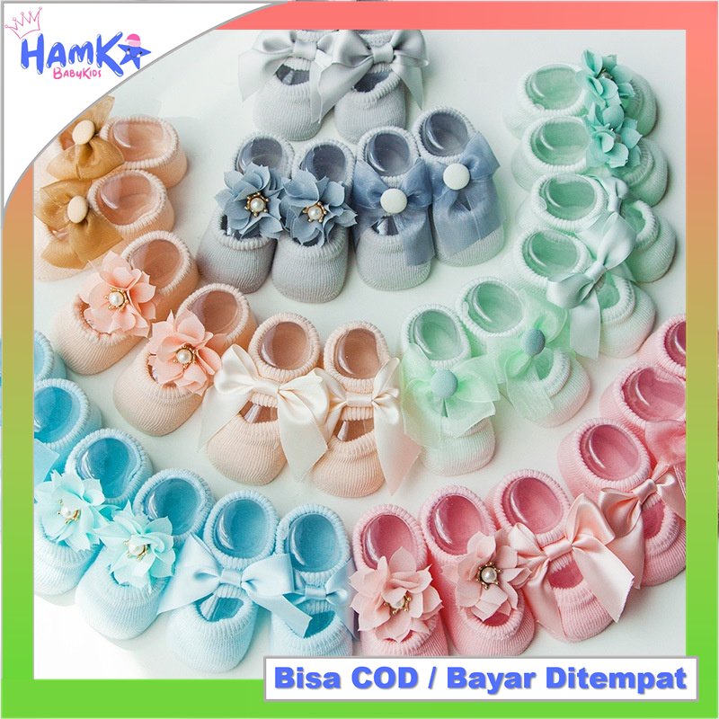 Kaos Kaki Bayi Perempuan Newborn 0-12 Import Bulan Kualitas Premium Korea Motif 3 Jenis Bunga Pita