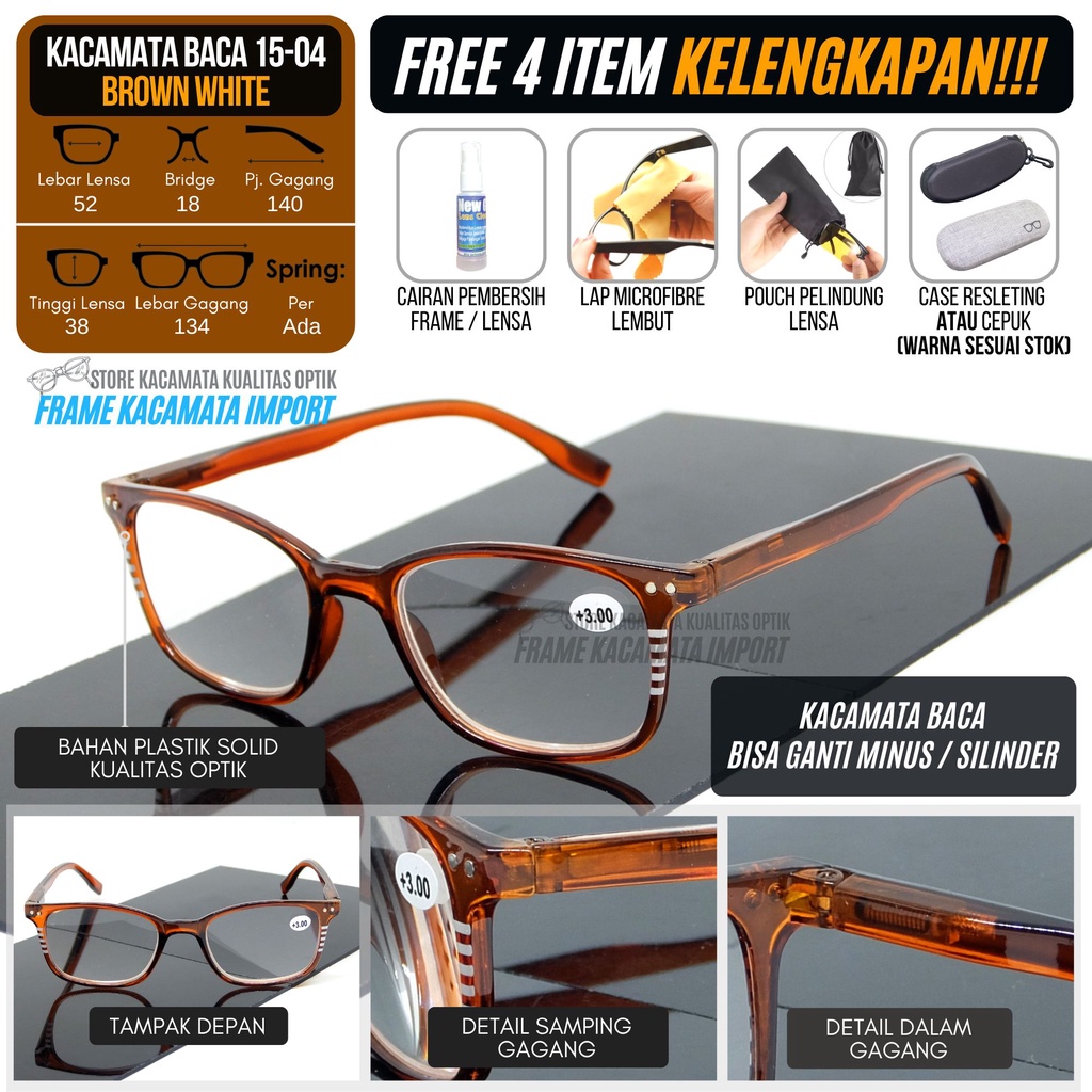 Kacamata Baca Plus +100 +125 +175 +250 +275 +300 Pria Wanita