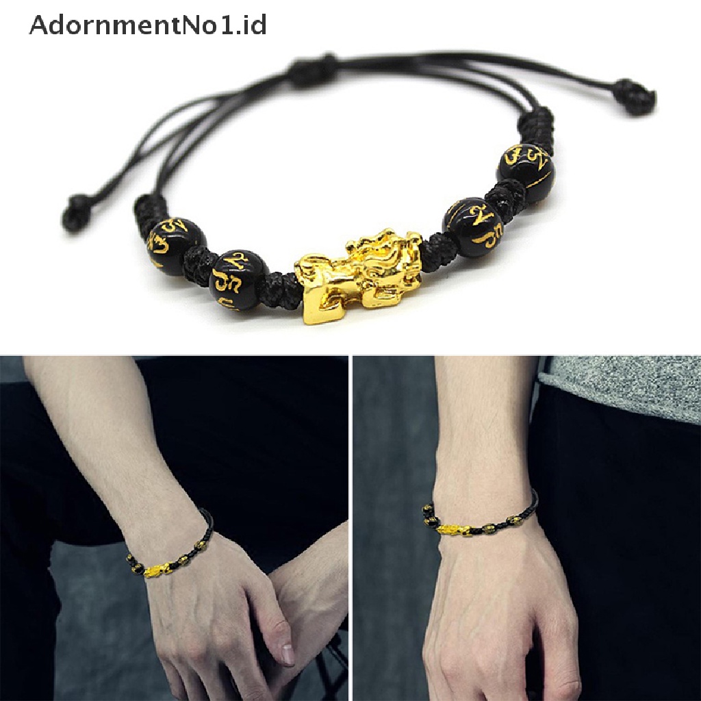 [AdornmentNo1] Unisex Feng Shui Obsidian Batu Beads Bracelet Rope Wristband Gold Kekayaan Kesehatan Kaya Keberuntungan Gelang Untuk Wanita Pria [ID]