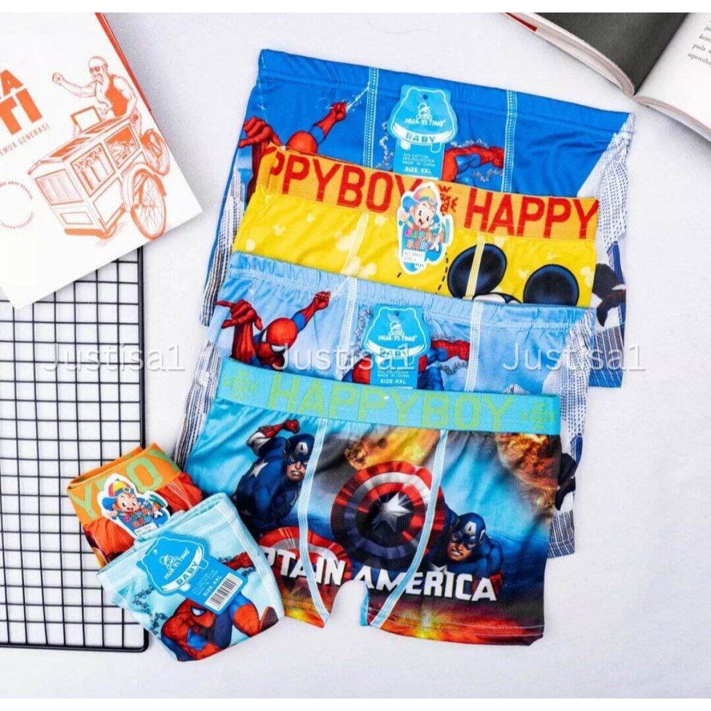 6 Pcs Celana Dalam Anak Happy Boy / Celana Segi Empat Anak Laki Laki Motif Random Berkualitas
