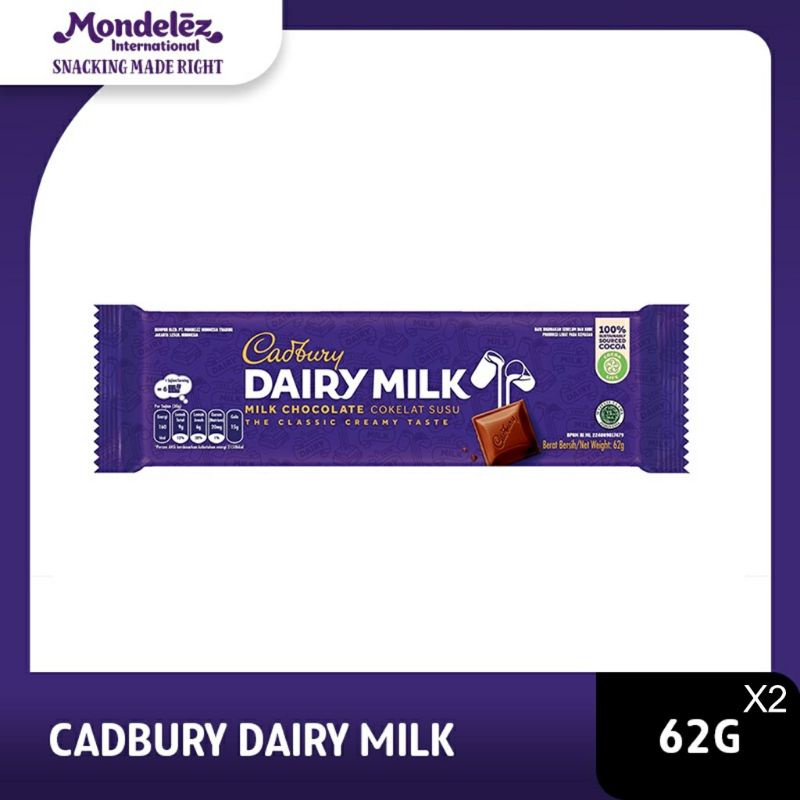 

Cadbury Dairy Milk Chocolate Original Regular 62 gram Untuk Cemilan Anak Dan Keluarga isi Paket 2 Pcs