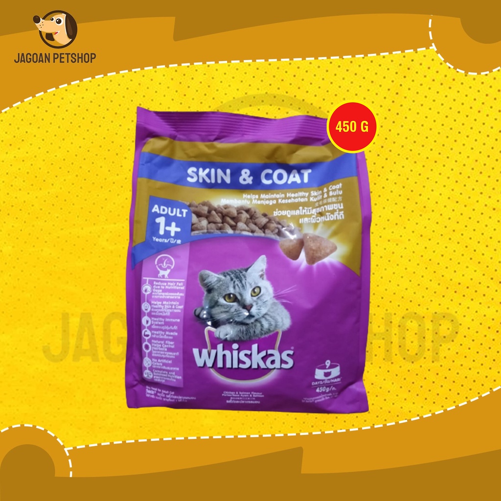 Whiskas Makanan Kucing Kering Dry Food Adult Skin Coa kulit Bulu 450G