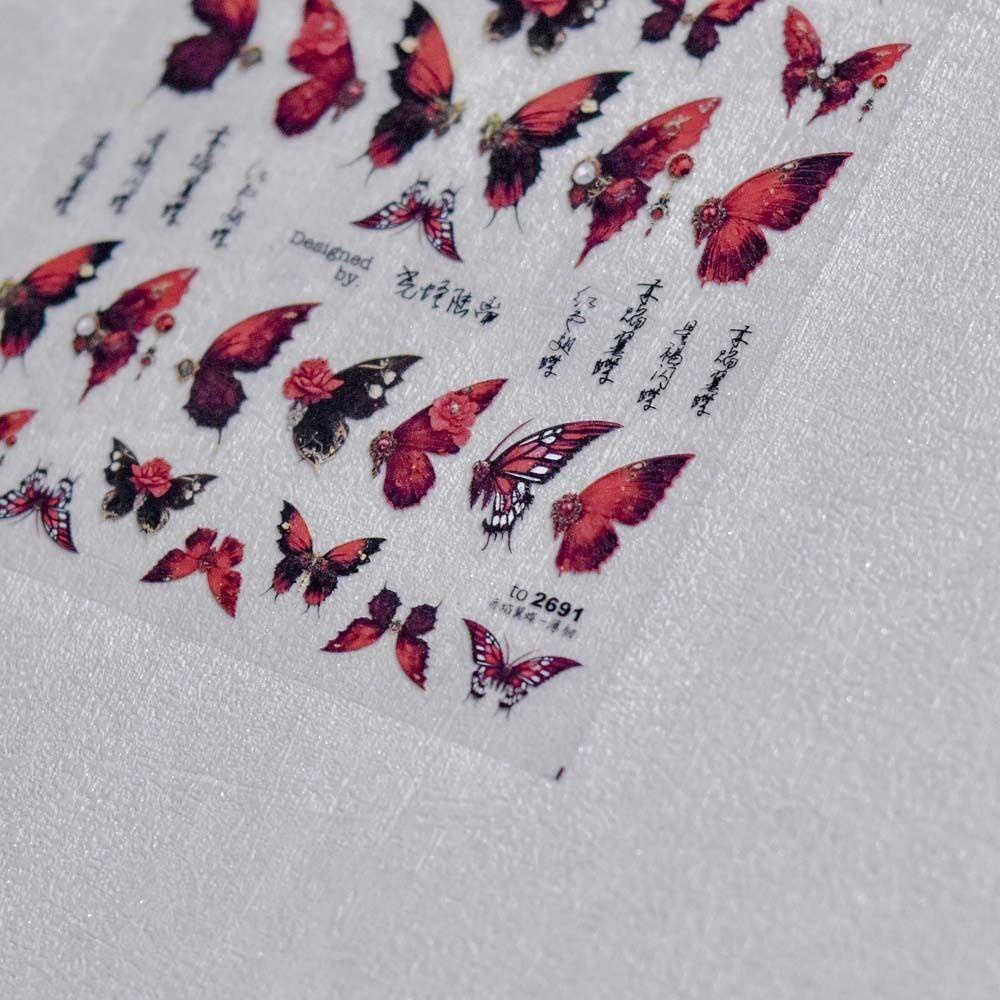 AUGUSTINA Agustina Butterfly Stiker Kuku Retro 3D Relief Kupu-Kupu Merah Self Adhesive Nail Art Dekorasi