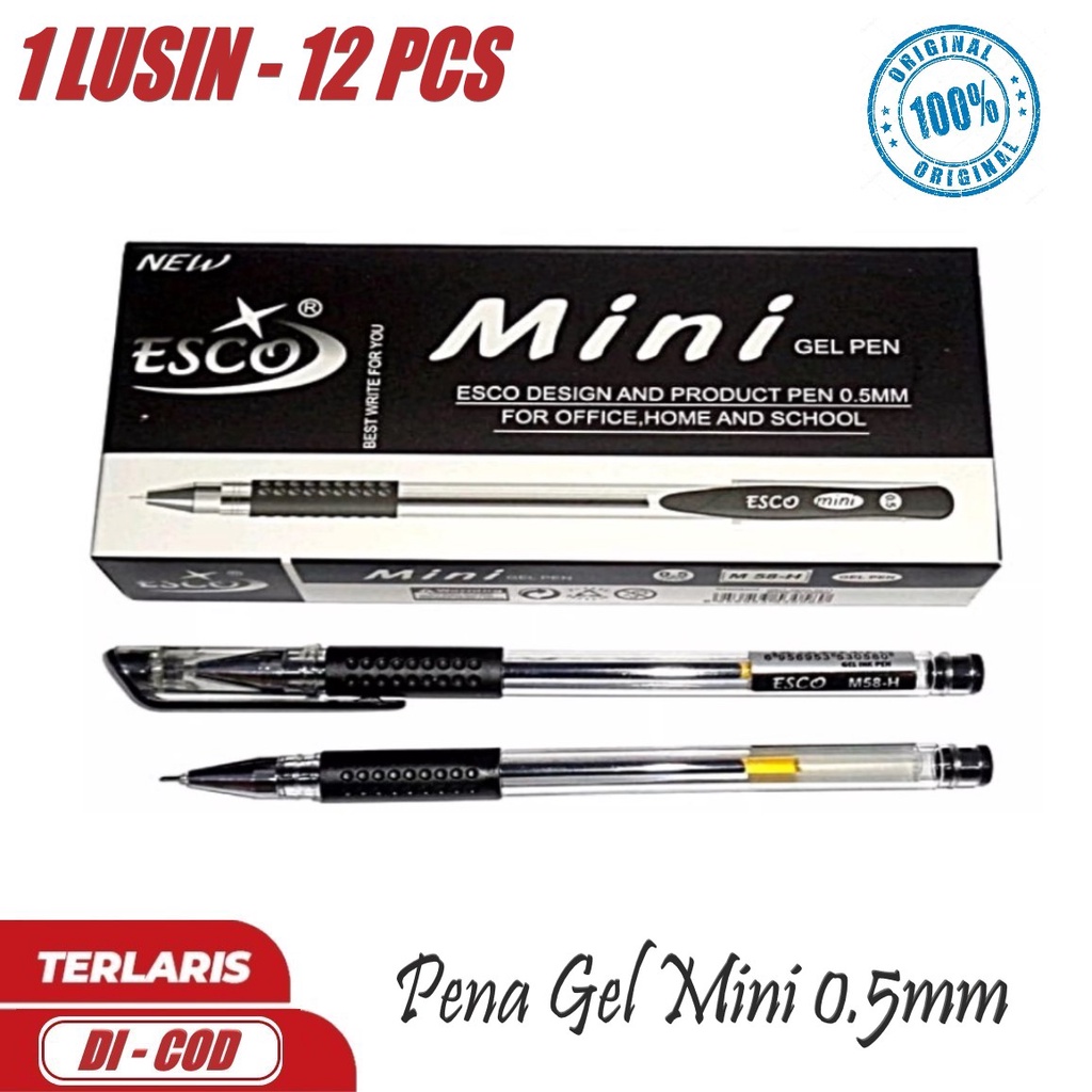 

1 LUSIN (12 pcs) Bolpen Pena - Pulpen Esco Mini Gel Warna HITAM 0,5mm - Mata Jarum - Angel Atk