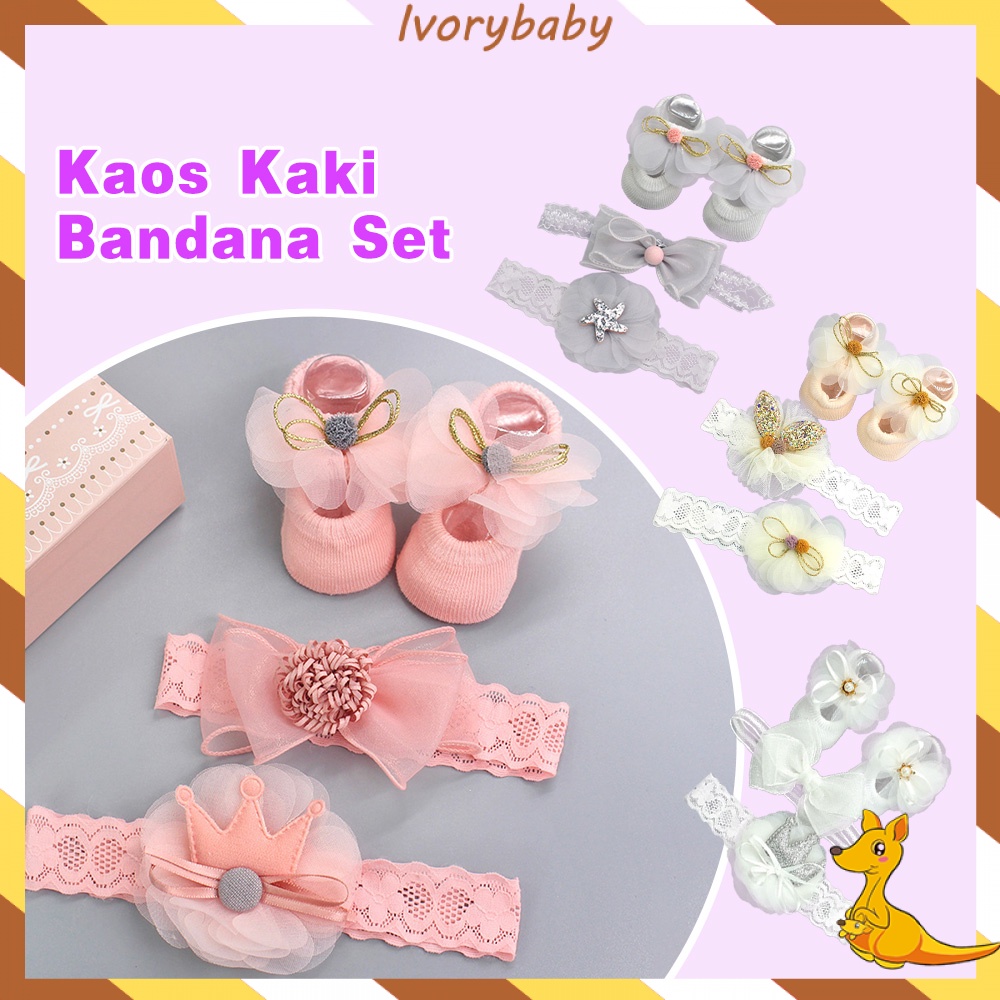 Ivorybaby 3in1 Kaos kaki bando bayi perempuan pita Kaus kaki bayi bandana bayi cewek lucu 0-1 thn