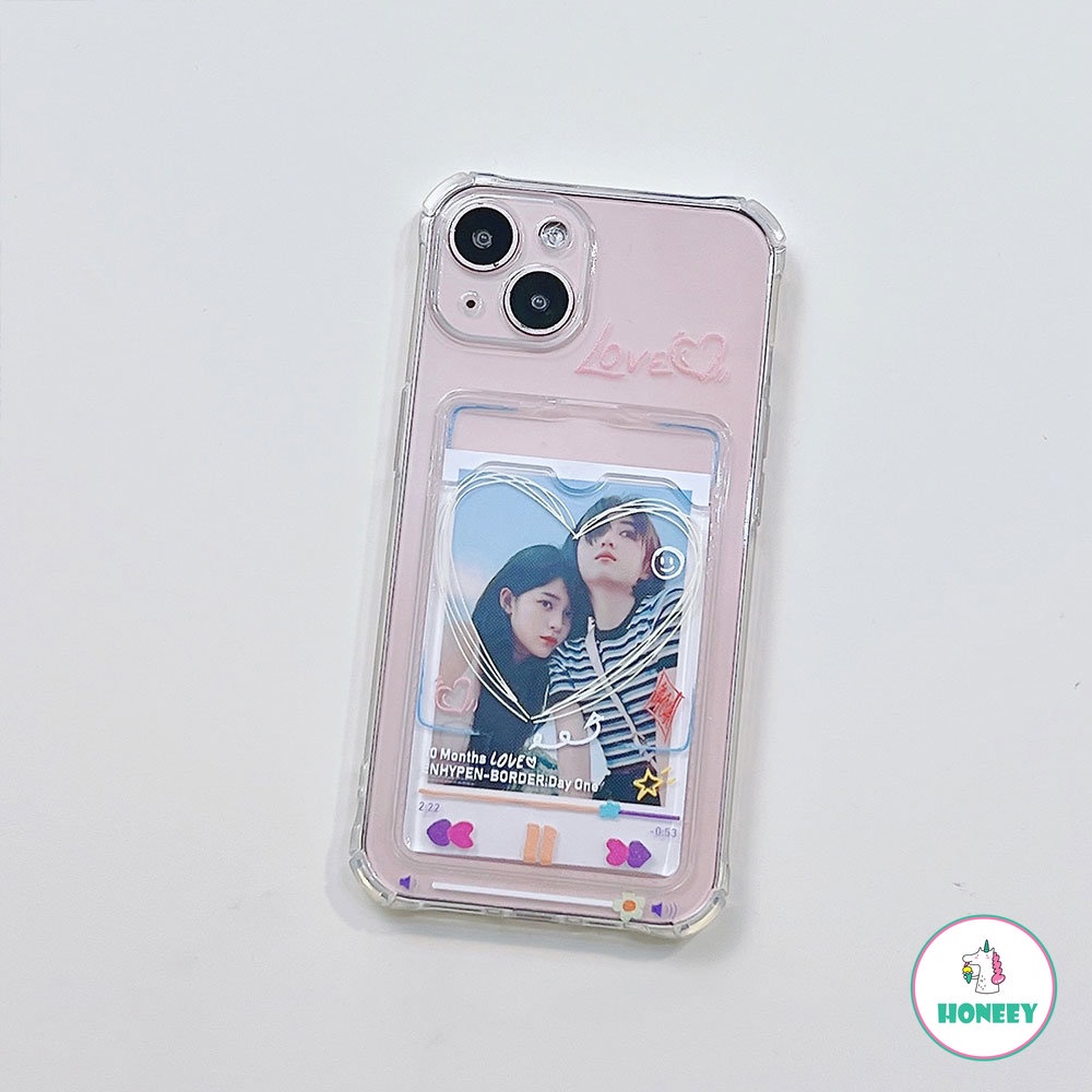 IPHONE Korea Pink Huruf Cinta Hati Card Holder Phone Case Untuk Iphone14 13 12 11 Pro Max 14 Pro Max Slim Fit Bumper Karet Shockproof Lembut TPU Cover