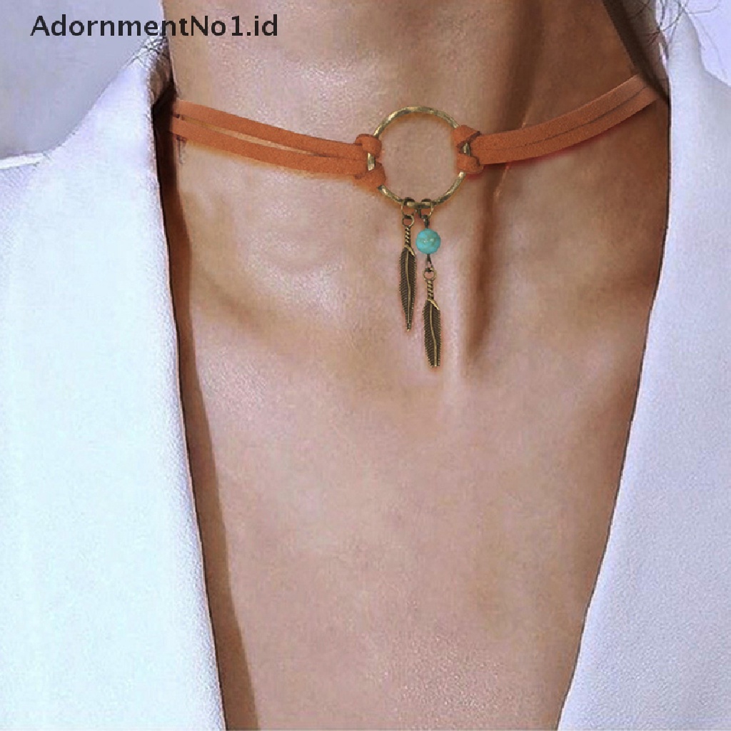 [AdornmentNo1] Wanita Bohemian Choker Boho Bulu Manik Liontin Kulit Coklat Rantai Kalung Fashion Lady Perhiasan Hadiah Pesta [ID]