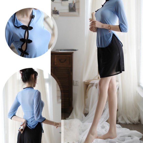 Dress Lingerie Seksi Hot Tulle Cheongsam Transparan Rok Panjang