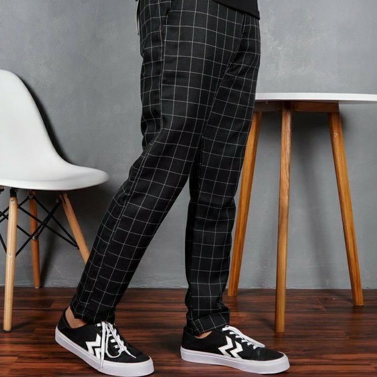 GF.15Ja23o • Celana Chino Tartan Pria Ankle Pants Motif Kotak Kotak Panjang Cowok Salur Model Korea 
