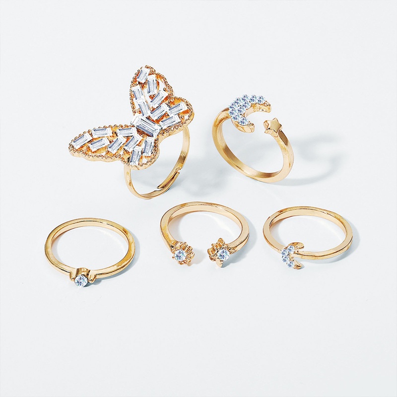 5pcs/set Cincin Bohemian Gelombang Bunga Untuk Wanita Vintage Geometris Mutiara Butterfly Metal Chain Knuckle Rings