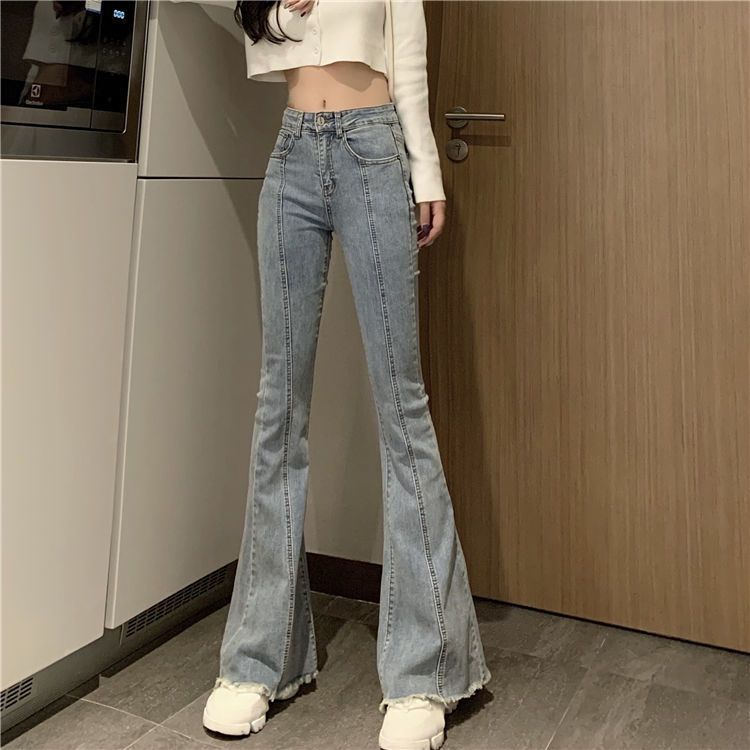 Red RAW EDGE High Waist Jeans Wanita Slim Flare Celana Baru 2022 Slim Celana Musim Semi dan Musim Gugur All-Match Celana Chic