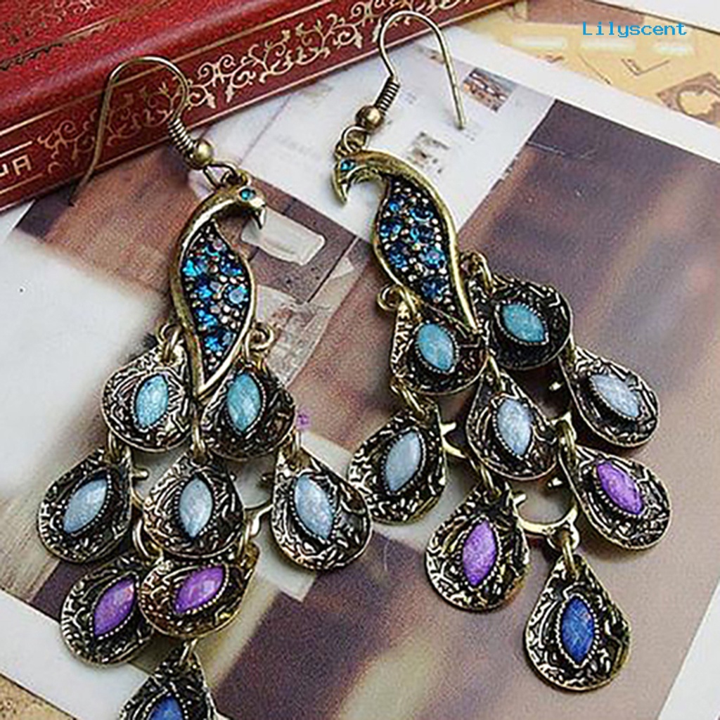 [LS] Anting Tusuk Gaya Bohemian Perhiasan Vintage Anting Kait Juntai Merak Untuk Pesta