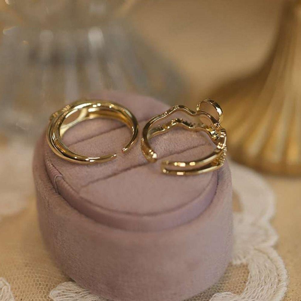 MXBEAUTY Wanita Cincin Dapat Disesuaikan Sederhana Chic Desain Niche Hadiah Gadis Manis Imitasi Mata Kucing Berlapis Ganda Pembukaan Cincin Gaya Perancis Cincin