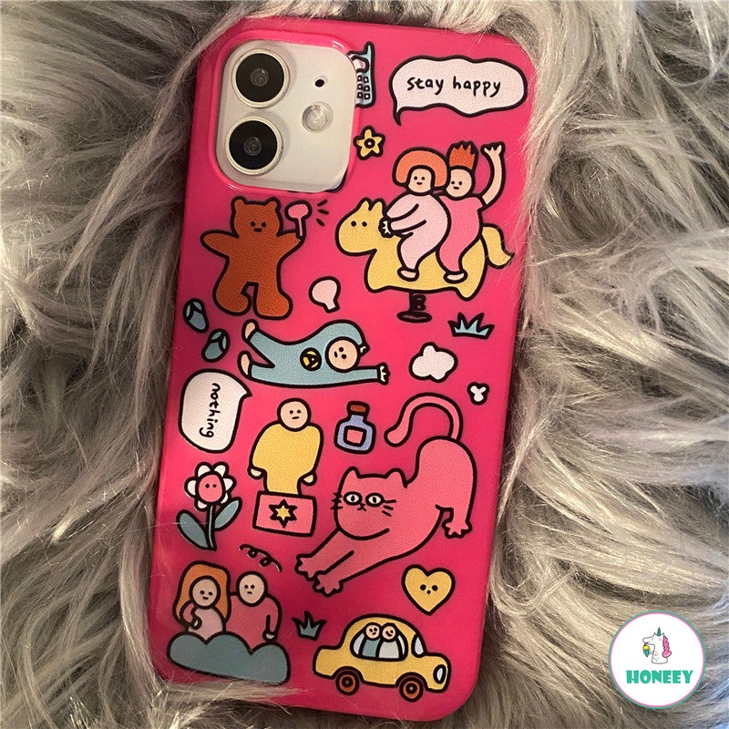 IPHONE Casing Ponsel Kucing Graffiti Korea Rose Red Untuk Iphone14 13 12 11 Pro Max X XR 8 7 Plus Halus Ultra Slim Shockproof Soft TPU Backjavascript: Cover