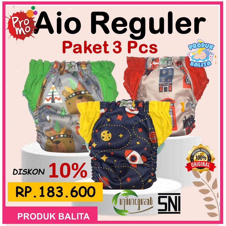 COD PAKET 3 PCS CLODI NINGRAT AIO REGULER BB 5-17 KG POPOK CLODI BAYI KAIN CUCI ULANG MURAH