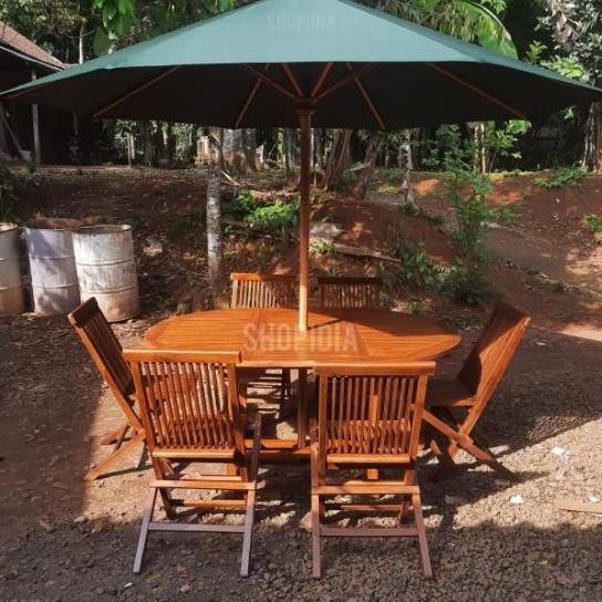 Meja Set Payung Taman Cafe Outdoor Kayu Jati Ouval Non Cod Storqaila