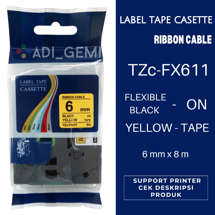 

Compatible Label Tape Brother TZc-FX611 Flexible Black On Yellow 6mm