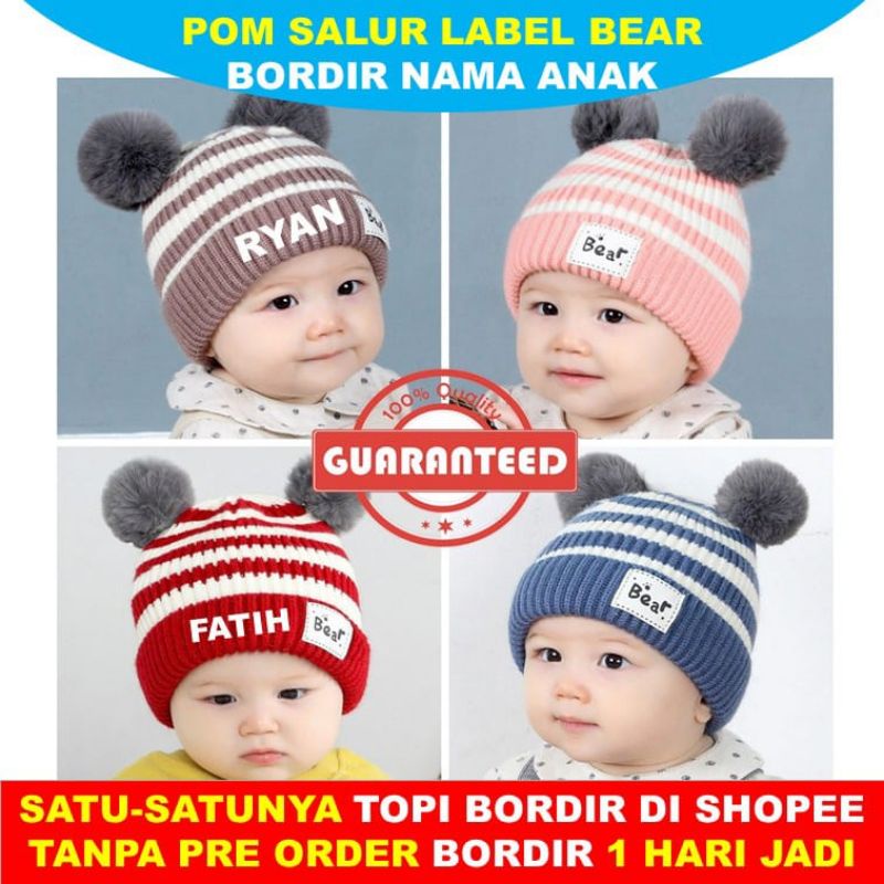 Kupluk Anak Bordir Nama Salur Model Pompom Laki Laki Perempuan