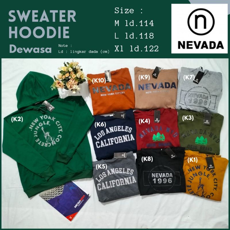 Pakaian Hoodie Jaket Sweater Dewasa Original NEVADA Unisex Cowok/Cewek  Size M.L.XL Material Cotton 