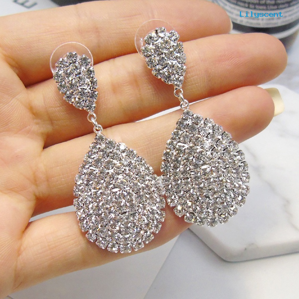 [LS] Wanita Fashion Berlian Imitasi Tetesan Air Menjuntai Stud Earrings Perhiasan Pesta Pernikahan