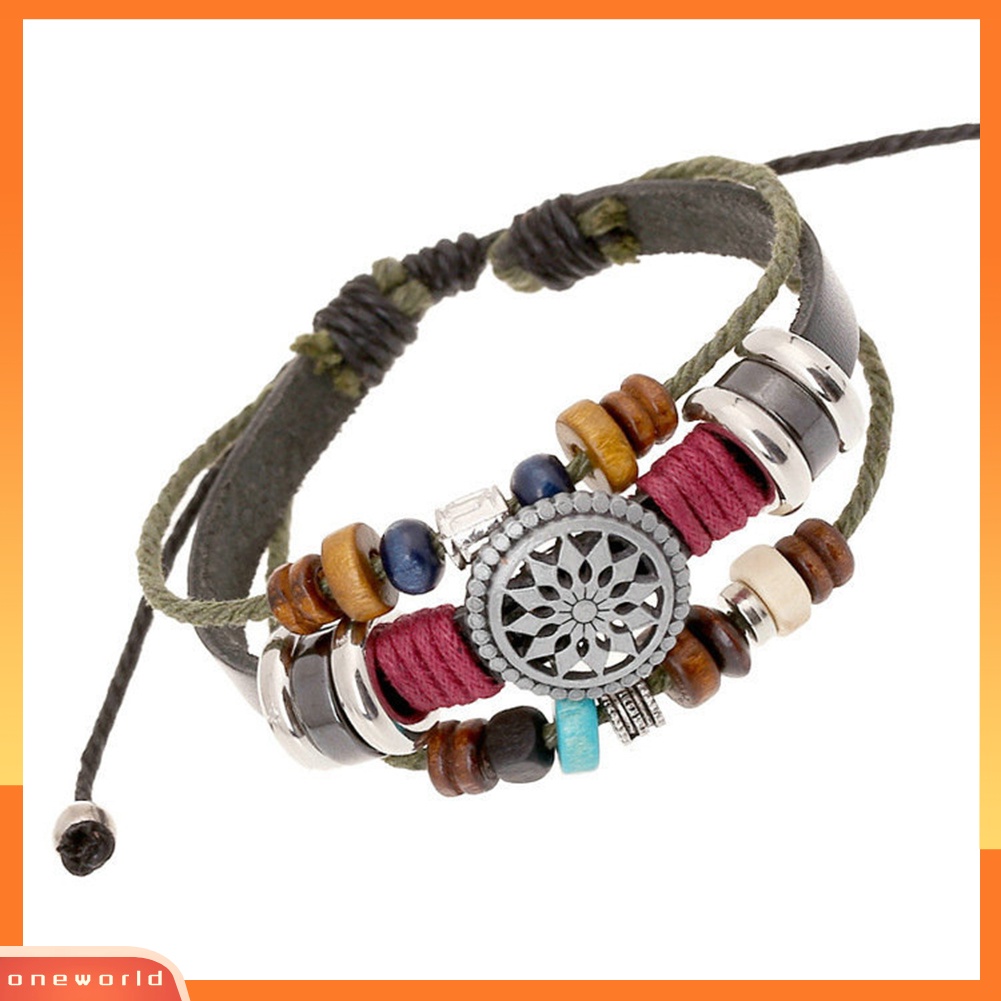 {oneworld} Boho Wanita Multi Layer Manik-Manik Anyaman Tali Kulit Gelang Adjustable Perhiasan