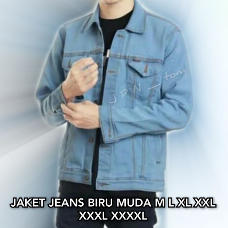 Jaket Jeans Big Size Pria Wanita Oversize Denim Jins Polos Jumbo Warna Biru Muda Ukuran Besar XXL XXXL XXXXL XXXXXL XXXXXXL 5XL 6XL Ld 120 Ld 130 Ld 140 Bahan Tebal Premium Oversize Levi s m l xl