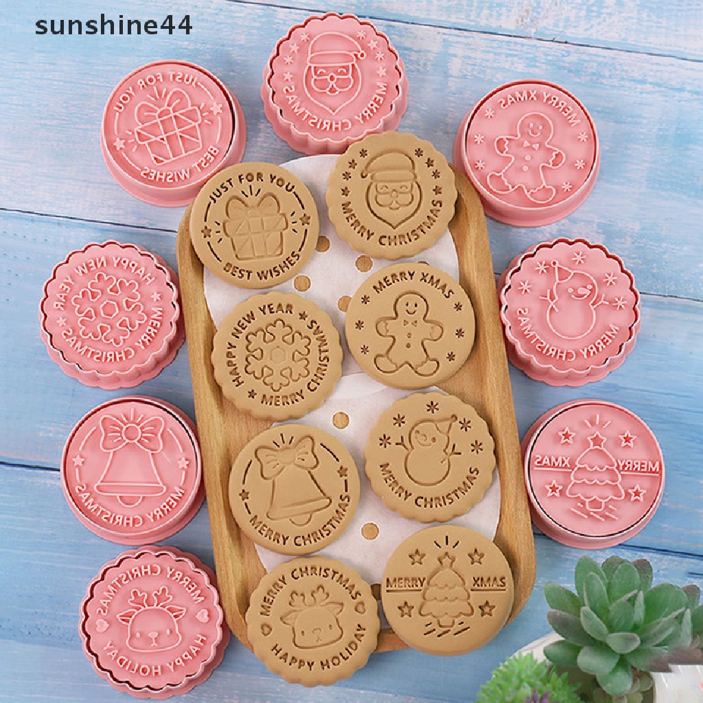 Sunshine 8pcs/set Pemotong Kue Kering Cetakan Biskuit Plastik Tema Natal Kartun Dapat Ditekan.