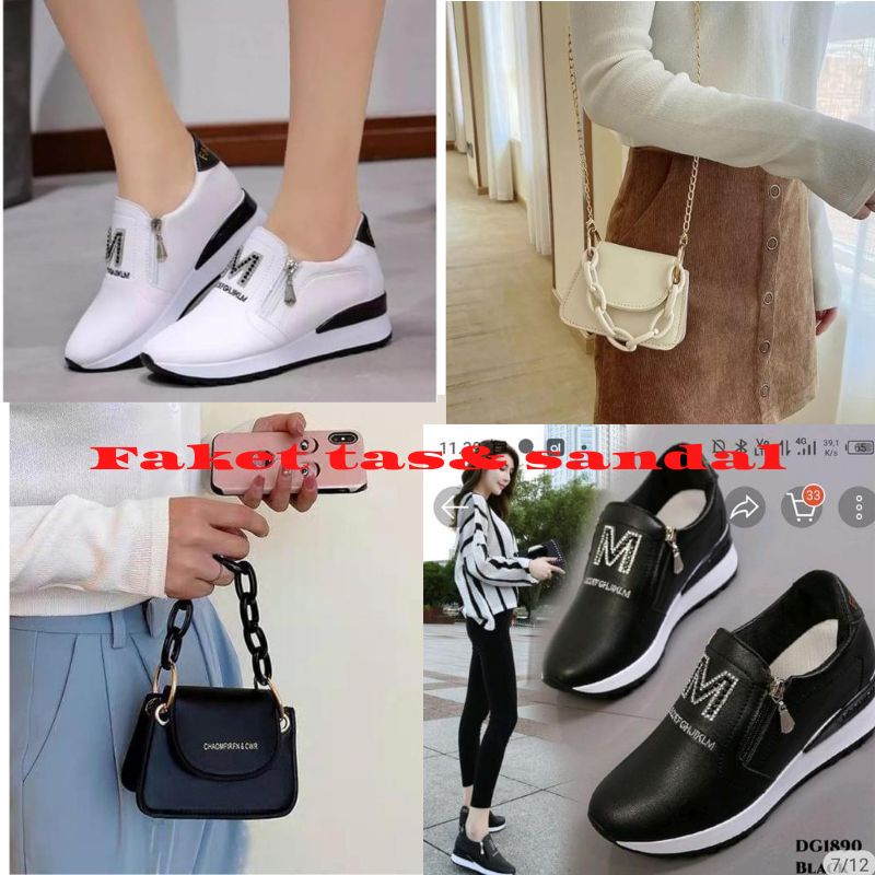 Paket Hemat Tas Wanita Dan Sandal Warna Hitam Putih Moca