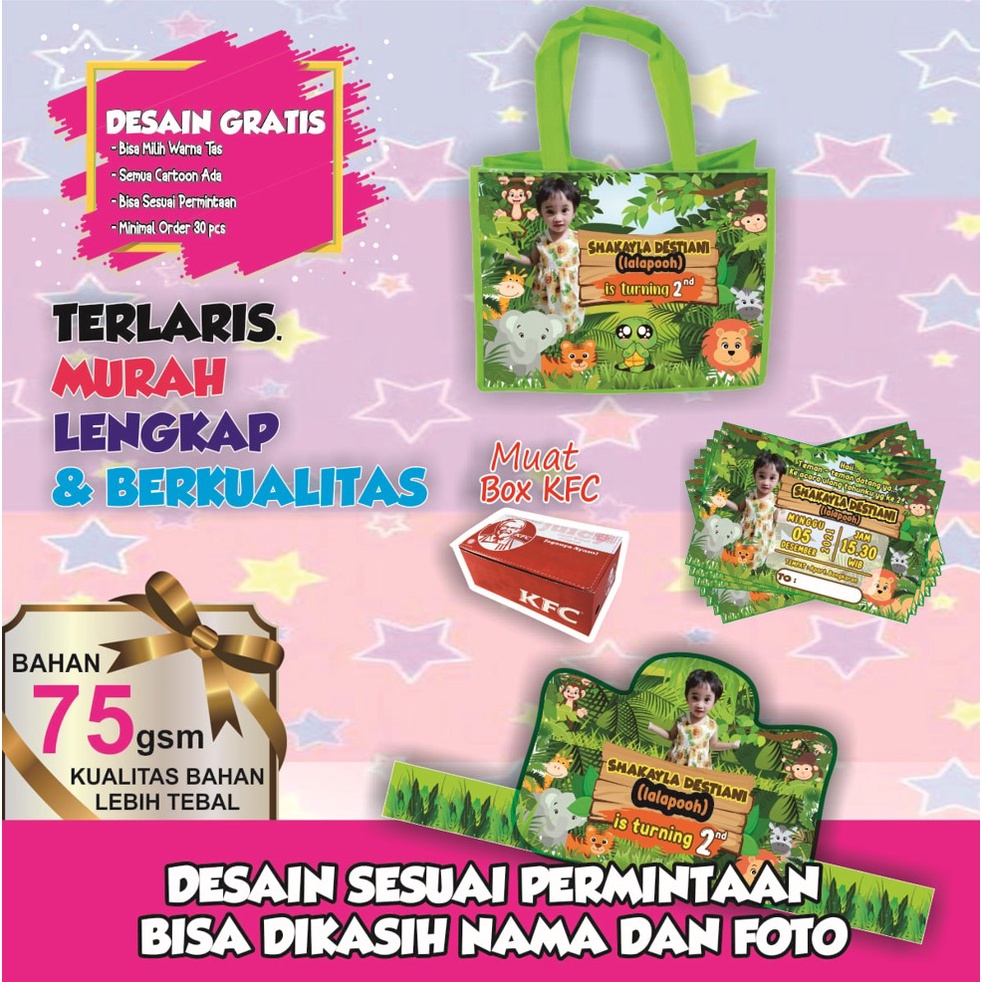 

PAKET BENTO / Tas BENTO + Undangan + Topi Ultah Free Desain