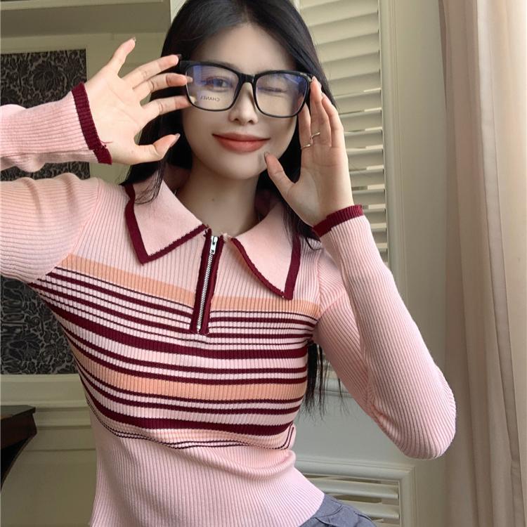 Red Warna kontras bergaris sweater wanita awal musim gugur ceruk chic manis dan pedas pendek lengan panjang kerah polo desain unik top