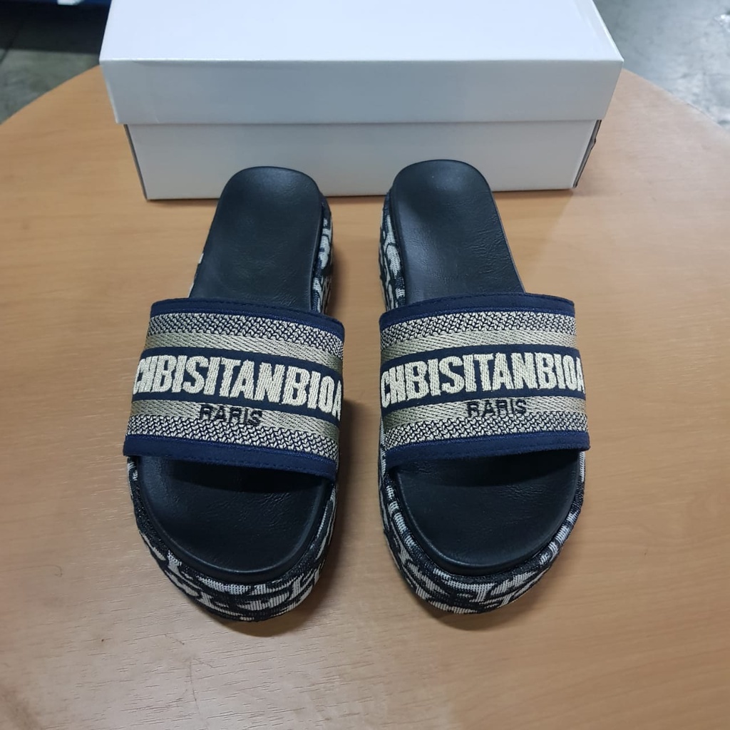 [✅BISA COD] 0392 BLUE EMBROIDERED SLIDE THICK SLIPPER (REAL PICTURE)