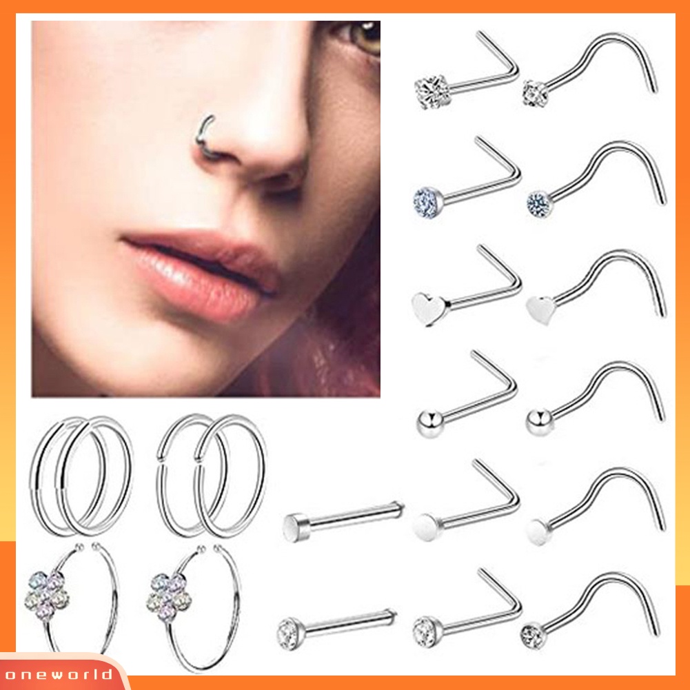 [oneworld] 36 Pcs Unisex C Bentuk Berlian Imitasi Hidung Cincin Stud Tindik Tubuh Kit Perhiasan Hadiah