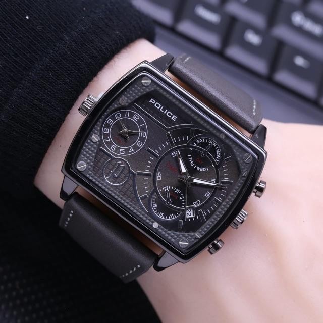 POLICE JAM TANGAN PRIA DOBEL TIME MODEL KOTAK TANGGAL AKTIF 4,6CM - Abu-abu