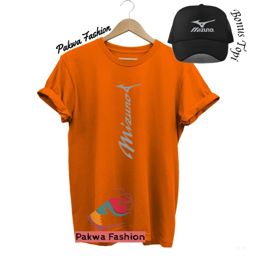 Bonus Topi Kaos Distro Lengan Pendek Mizuno Garis Lurus Silver Baju Tshirt Polos Pria Wanita Dewasa 
